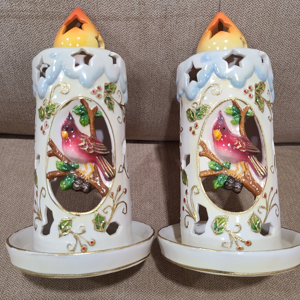 Cardinal and Holly Leaf votive candle holder